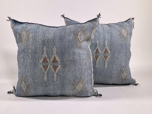 Washed Blue Moroccan Cactus Silk Pillow